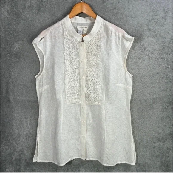 Coldwater Creek Linen Blend Crochet Lace Button Up Blouse XL Cottagecore Boho - Picture 3 of 8